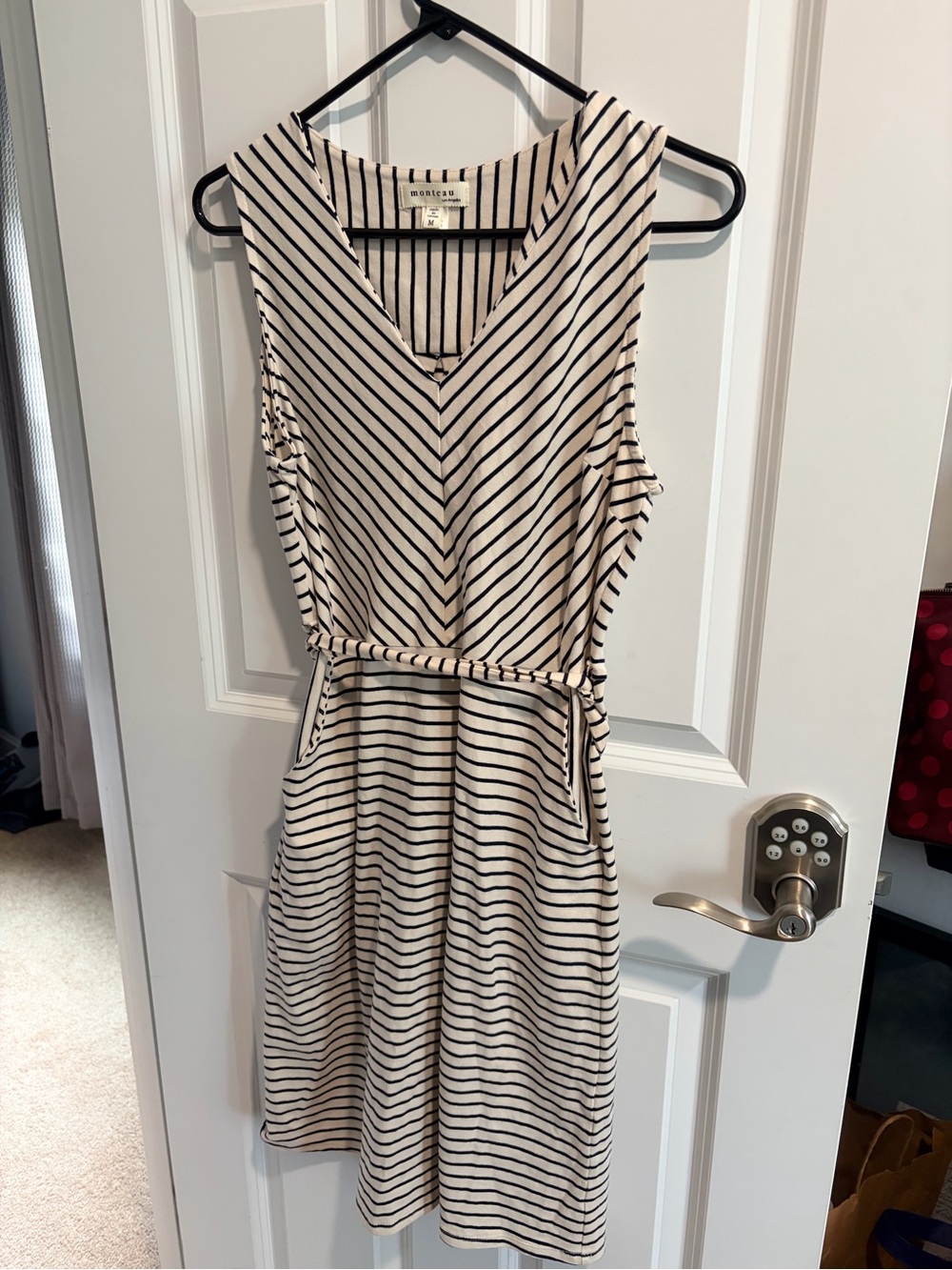 Monteau Cream Dress with Black Stripes and Self-Tie Waist